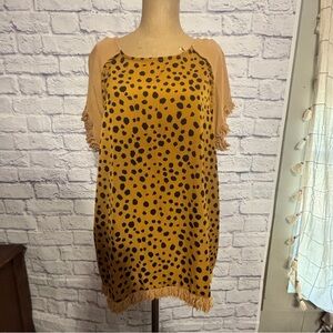 Umgee Mustard Cheetah Print Tunic Top M — Fringe Hem & Sleeves, Boho Style